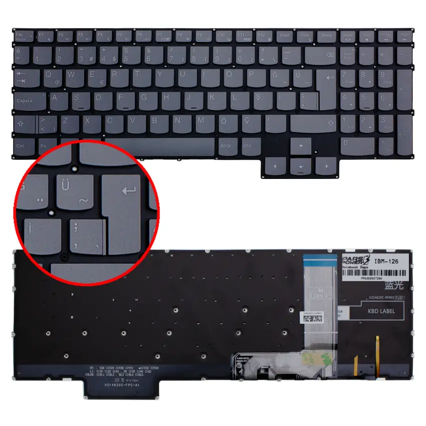 Lenovo 5CB1P43427, 5CB1P43396 Klavye Işıklı (Füme TR)