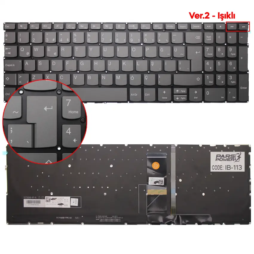 Lenovo IdeaPad AE08L0189, NSK-BY1SW 01 Klavye Işıklı (Füme TR)