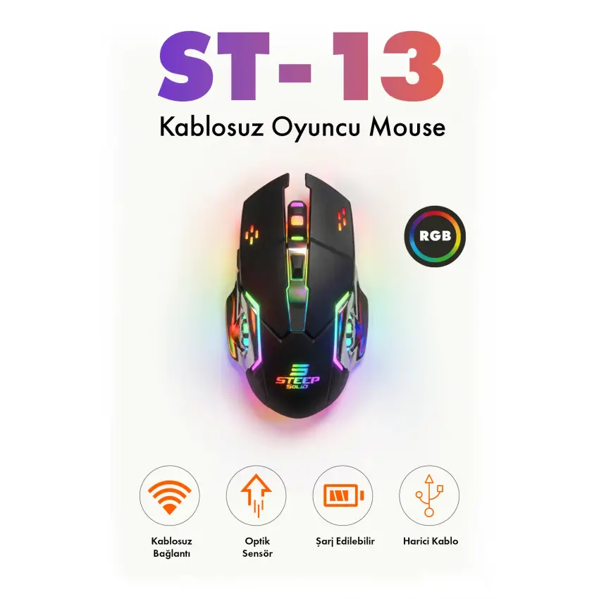Steep Solid ST-13S Kablosuz - Wireless Şarjlı RGB Gaming Oyuncu Mouse