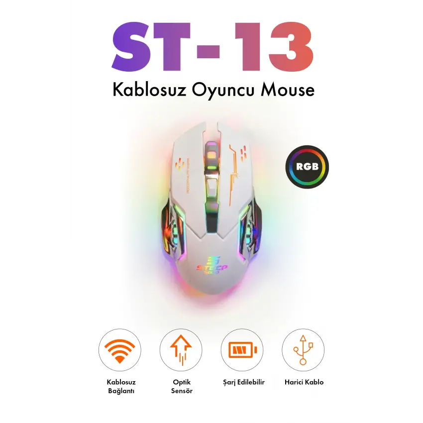 Steep Solid ST-13B Kablosuz - Wireless Şarjlı RGB Gaming Oyuncu Mouse