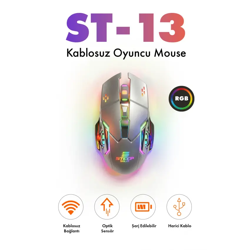 Steep Solid ST-13G Kablosuz - Wireless Şarjlı RGB Gaming Oyuncu Mouse