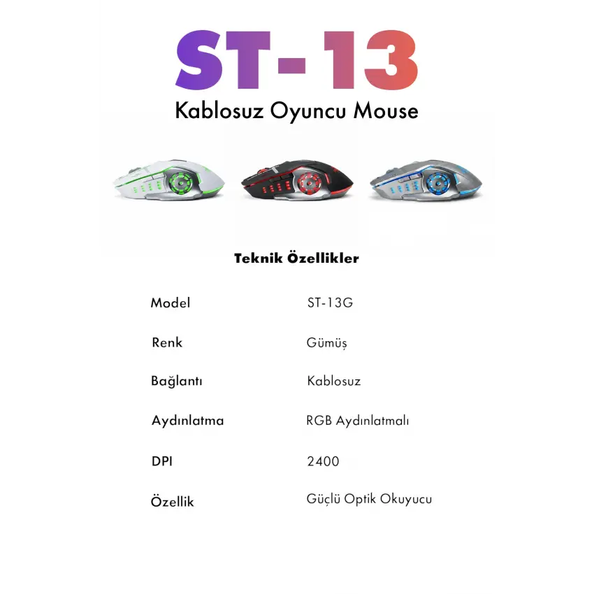 Steep Solid ST-13G Kablosuz - Wireless Şarjlı RGB Gaming Oyuncu Mouse