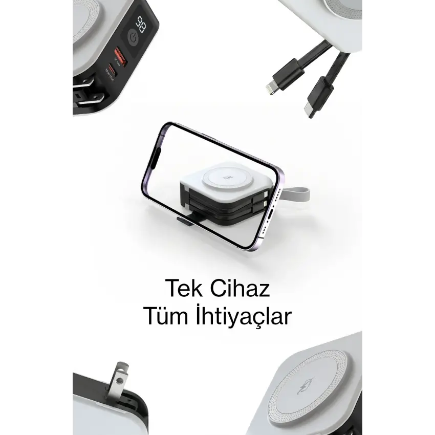 ParsPower Tripmax Gan Adaptörlü 10.000mAh MagSafe+Duvar Şarjlı+3 Tip Priz Başlıklı Kablosuz Powerbank Beyaz