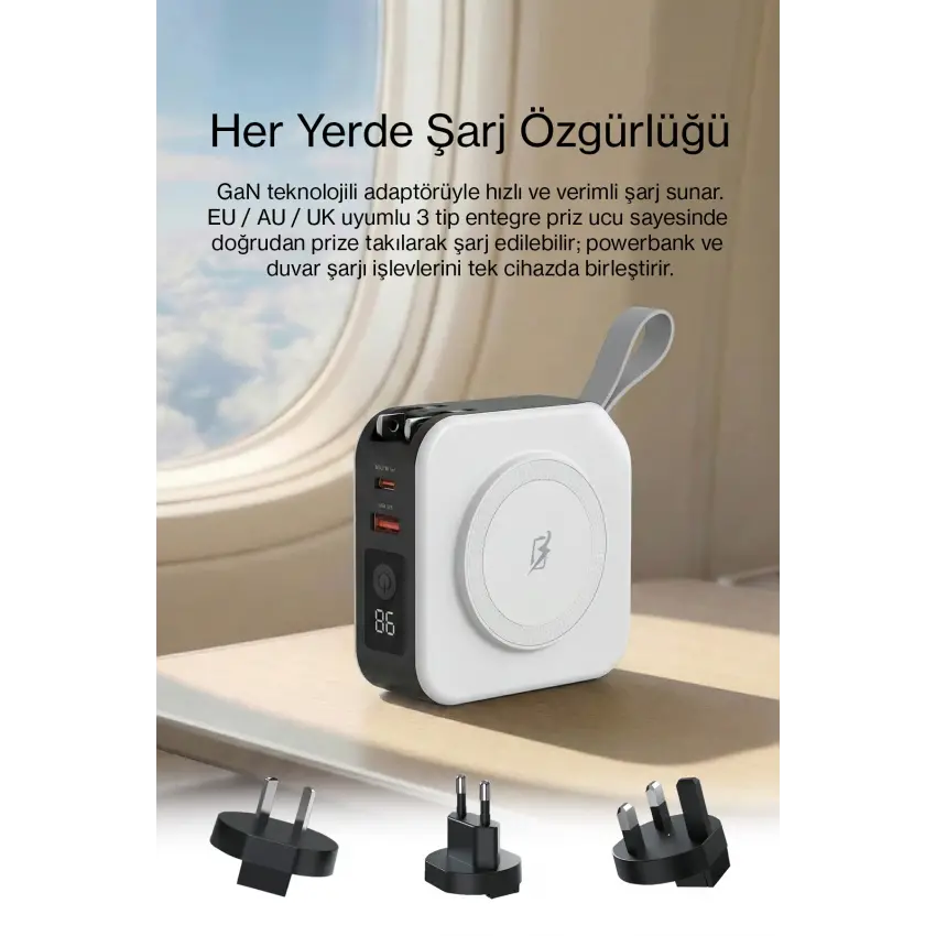 ParsPower Tripmax Gan Adaptörlü 10.000mAh MagSafe+Duvar Şarjlı+3 Tip Priz Başlıklı Kablosuz Powerbank Beyaz