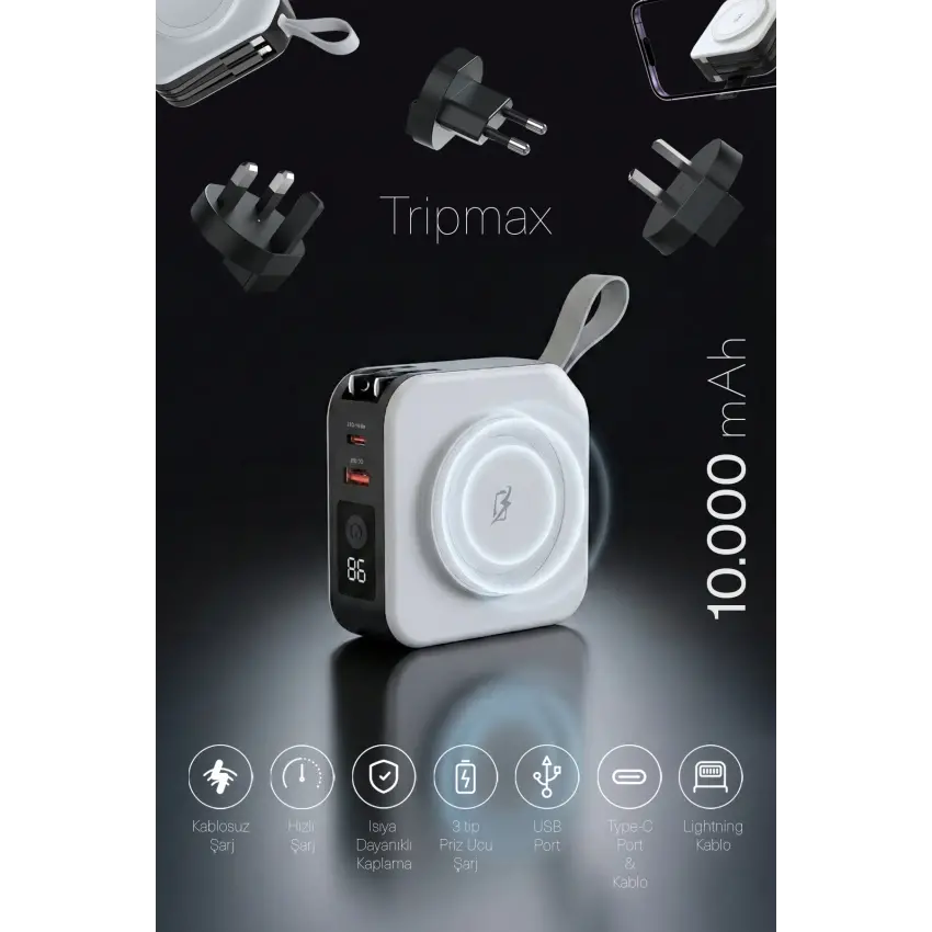 ParsPower Tripmax Gan Adaptörlü 10.000mAh MagSafe+Duvar Şarjlı+3 Tip Priz Başlıklı Kablosuz Powerbank Beyaz