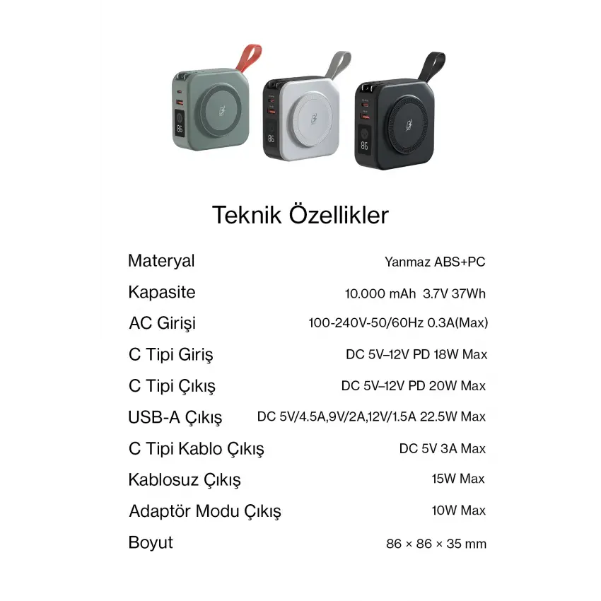 ParsPower Tripmax Gan Adaptörlü 10.000mAh MagSafe+Duvar Şarjlı+3 Tip Priz Başlıklı Kablosuz Powerbank Siyah