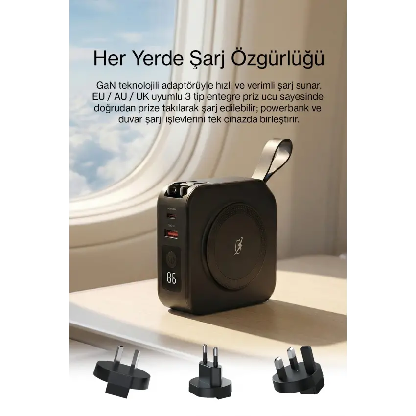 ParsPower Tripmax Gan Adaptörlü 10.000mAh MagSafe+Duvar Şarjlı+3 Tip Priz Başlıklı Kablosuz Powerbank Siyah