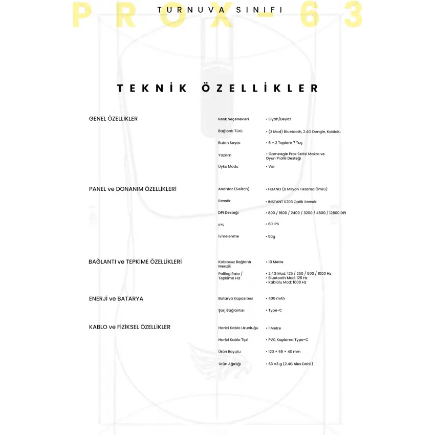 Gameagle Prox-63 Kablosuz + Bluetooth + 2.4G + Kablolu Ultra Hafif 63gr 12800DPI Oyuncu Mouse Beyaz