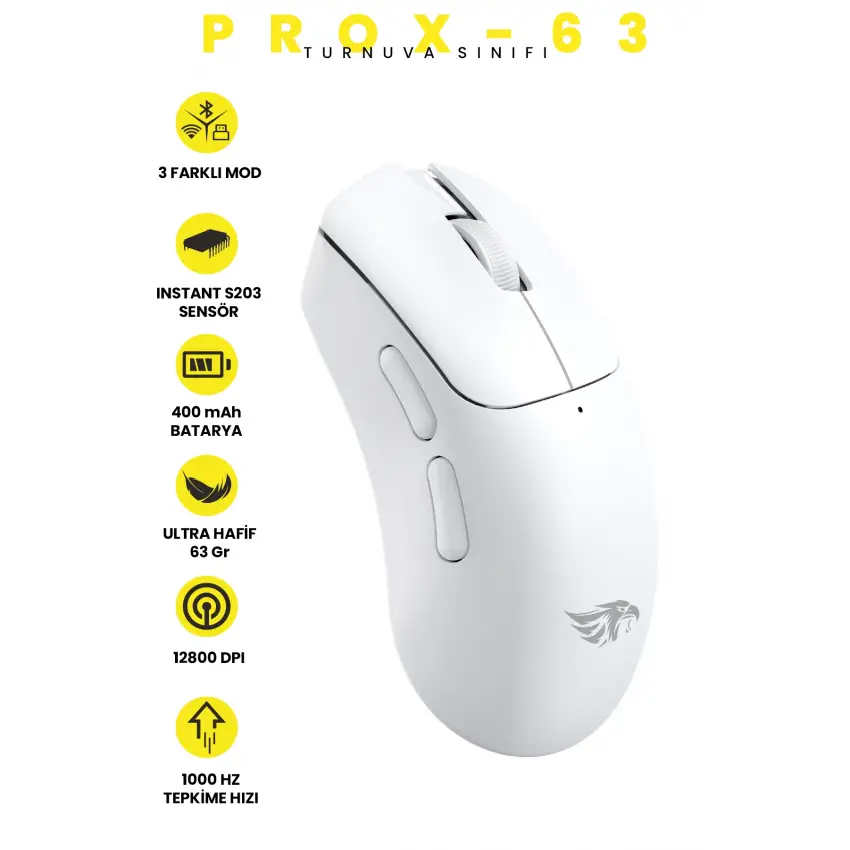 Gameagle Prox-63 Kablosuz + Bluetooth + 2.4G + Kablolu Ultra Hafif 63gr 12800DPI Oyuncu Mouse Beyaz