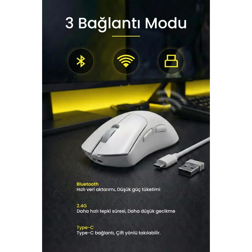Gameagle Prox-63 Kablosuz + Bluetooth + 2.4G + Kablolu Ultra Hafif 63gr 12800DPI Oyuncu Mouse Beyaz