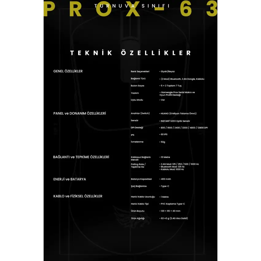 Gameagle Prox-63 Kablosuz + Bluetooth + 2.4G + Kablolu Ultra Hafif 63gr 12800DPI Oyuncu Mouse Siyah