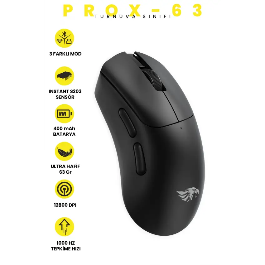 Gameagle Prox-63 Kablosuz + Bluetooth + 2.4G + Kablolu Ultra Hafif 63gr 12800DPI Oyuncu Mouse Siyah
