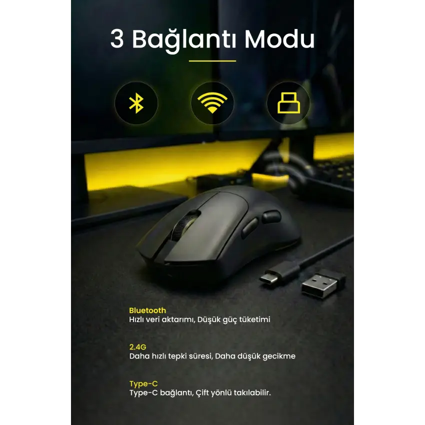 Gameagle Prox-63 Kablosuz + Bluetooth + 2.4G + Kablolu Ultra Hafif 63gr 12800DPI Oyuncu Mouse Siyah