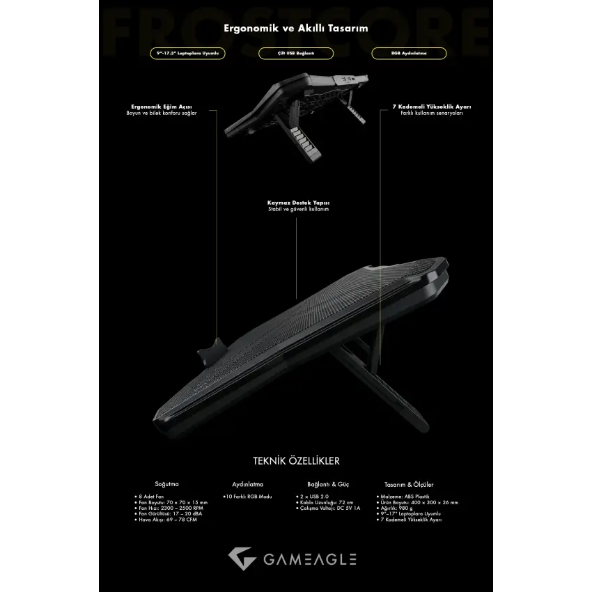 Frostcore X8 RGB 8 Fanlı 10 RGB Modlu  9-17’’ Notebook Soğutucu Stand Laptop Soğutucu