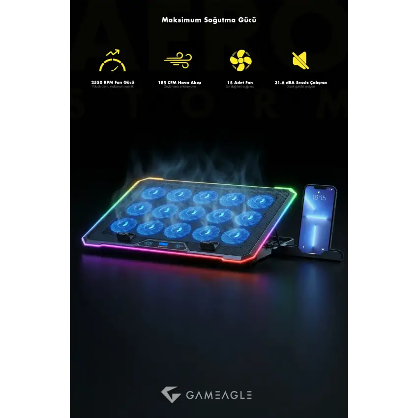 Aero Storm V15 RGB 15 Fanlı 10 RGB Modlu 9-17.3 Notebook Soğutucu Stand Laptop  Soğutucu