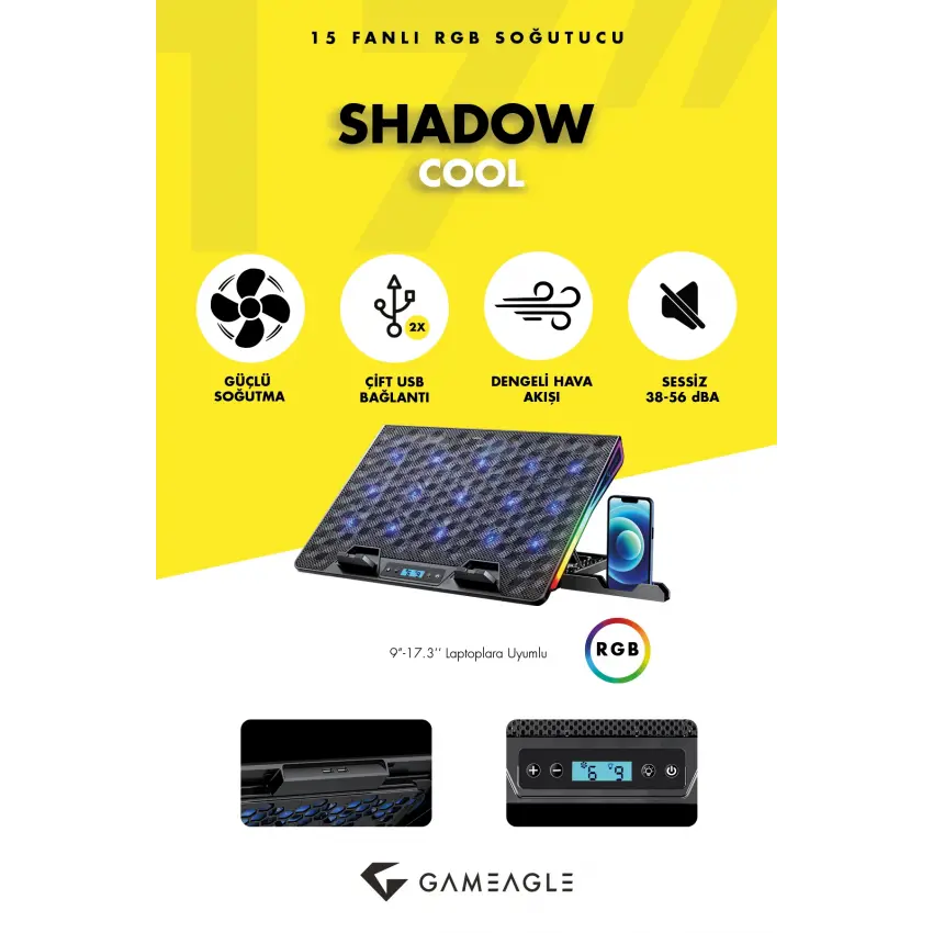 Shadow Cool GT15 RGB 15 Fanlı 10 RGB Modlu 9-17.3 Notebook Soğutucu Stand Laptop Soğutucu