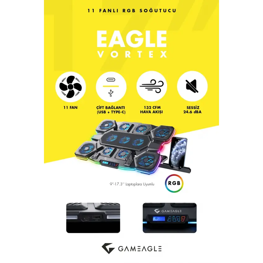 Eagle Vortex K11 RGB 11 Fanlı 10 RGB Modlu 9-17.3 Notebook Soğutucu Stand Laptop Soğutucu