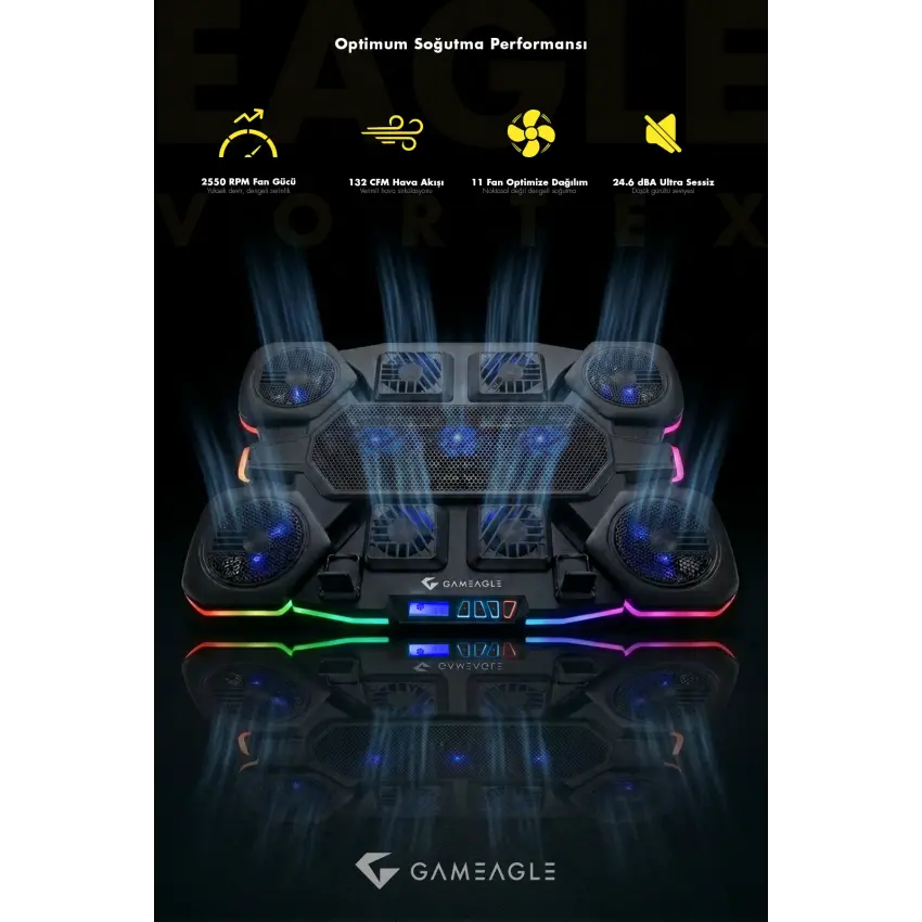 Eagle Vortex K11 RGB 11 Fanlı 10 RGB Modlu 9-17.3 Notebook Soğutucu Stand Laptop Soğutucu
