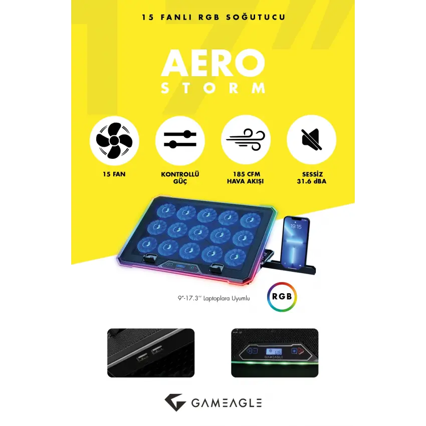Gameagle Aero Storm V15 RGB 15 Fanlı 10 RGB Modlu 9-17.3 Notebook Soğutucu Stand Laptop Soğutucu