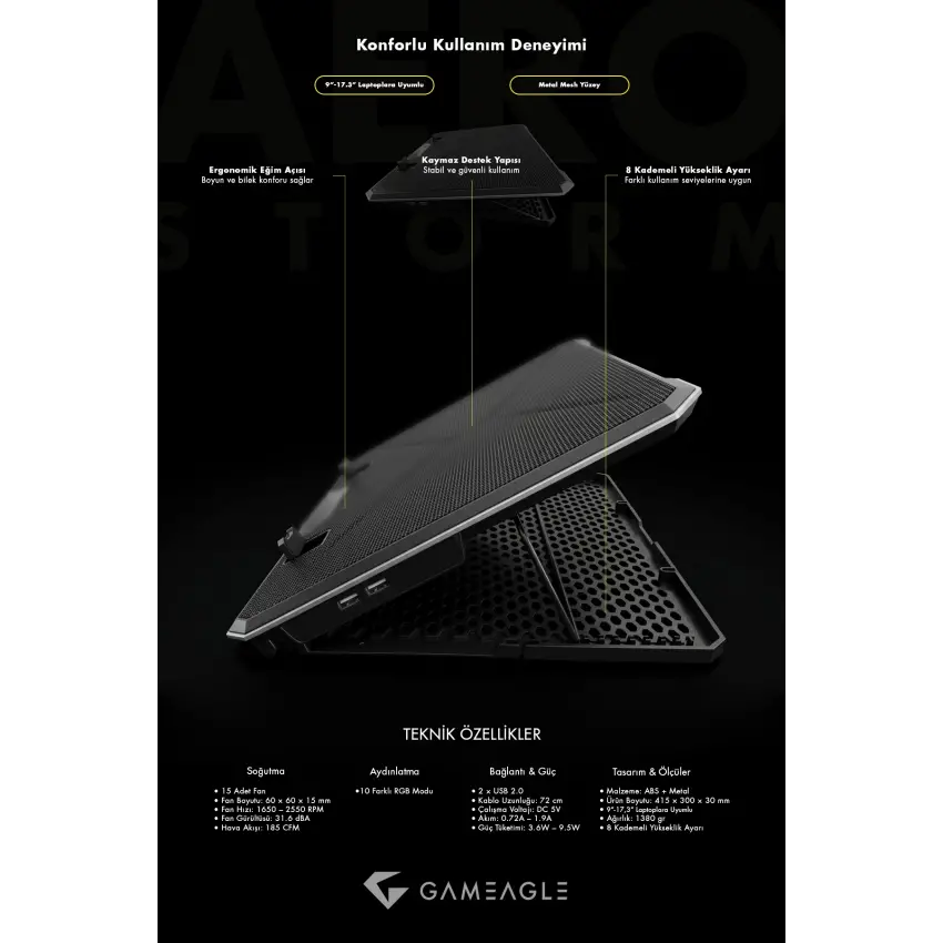 Gameagle Aero Storm V15 RGB 15 Fanlı 10 RGB Modlu 9-17.3 Notebook Soğutucu Stand Laptop Soğutucu