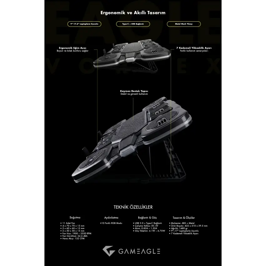 Gameagle Eagle Vortex K11 RGB 11 Fanlı 10 RGB Modlu 9-17.3 Notebook Soğutucu Stand Laptop Soğutucu