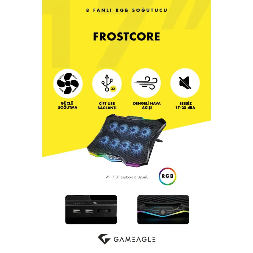 Gameagle Frostcore X8 RGB 8 Fanlı 10 RGB Modlu  9-17’’ Notebook Soğutucu Stand Laptop Soğutucu