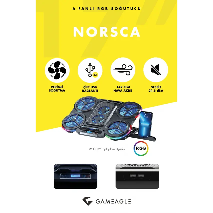 Gameagle Norsca S6 RGB 6 Fanlı 10 RGB Modlu  9-17’’ Notebook Soğutucu Stand Laptop Soğutucu