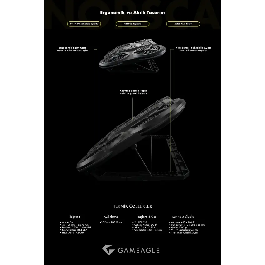 Gameagle Norsca S6 RGB 6 Fanlı 10 RGB Modlu  9-17’’ Notebook Soğutucu Stand Laptop Soğutucu
