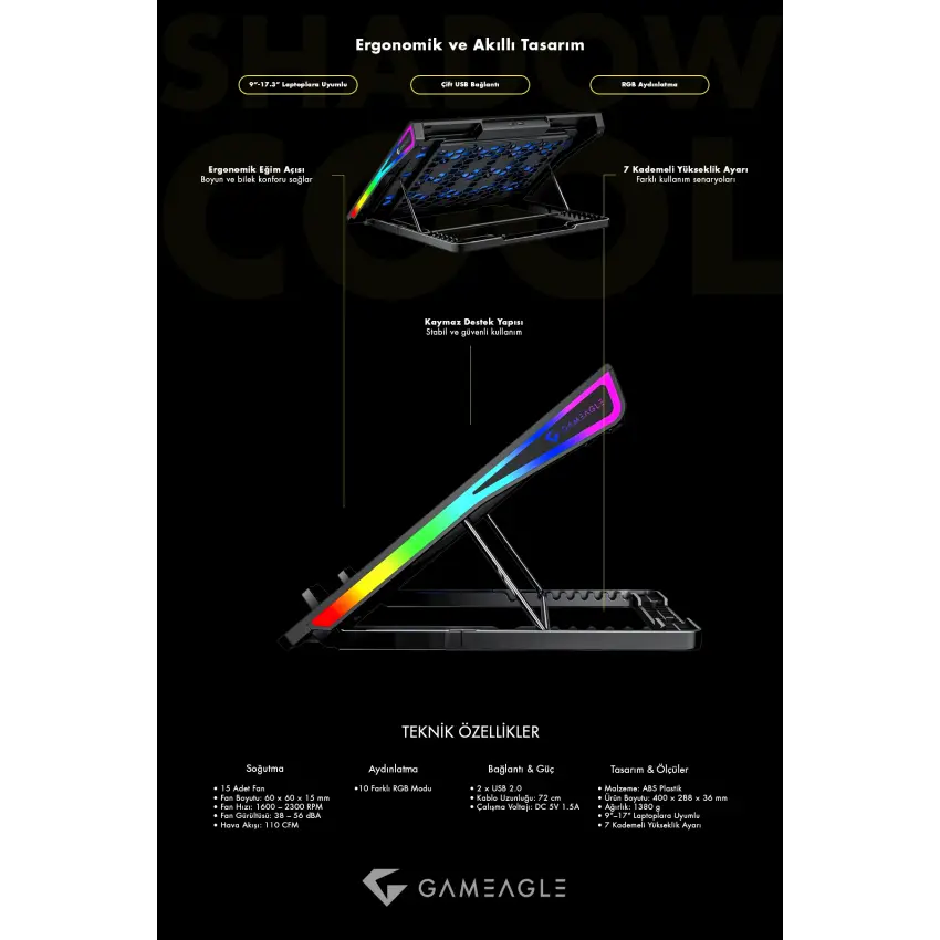 Gameagle Shadow Cool GT15 RGB 15 Fanlı 10 RGB Modlu 9-17.3 Notebook Soğutucu Stand Laptop Soğutucu