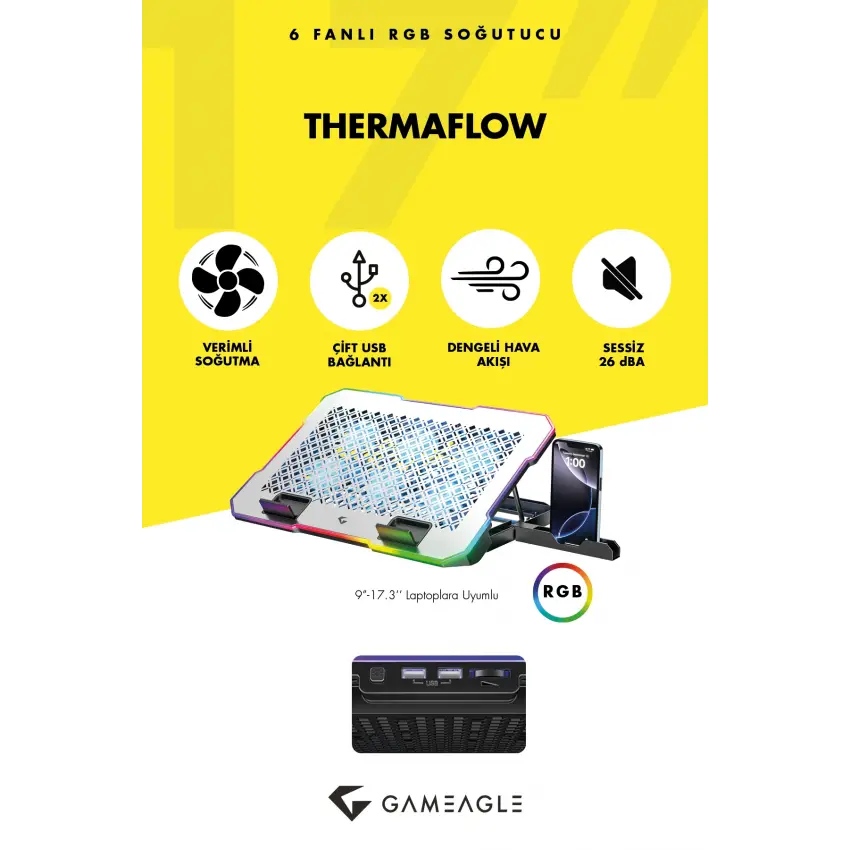Gameagle Thermaflow X6 RGB 6 Fanlı 10 RGB Modlu  9-17’’ Notebook Soğutucu Stand Laptop Soğutucu