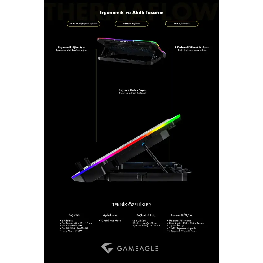 Gameagle Thermaflow X6 RGB 6 Fanlı 10 RGB Modlu  9-17’’ Notebook Soğutucu Stand Laptop Soğutucu
