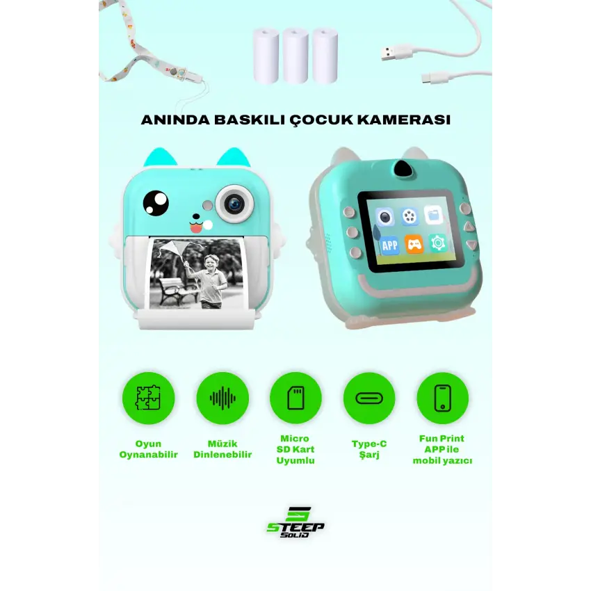 Steep Solid Q5 3.5İnç Termal Fotoğraf Kağıtlı 1080P HD Dijital Çocuk Kamerası (Mavi)