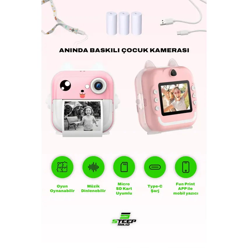 Steep Solid Q5 Anlık Termal Yazıcılı Dijital Çocuk Kamerası 2.4 İnç HD Şipşak Fotoğraf Makinesi (Pembe)