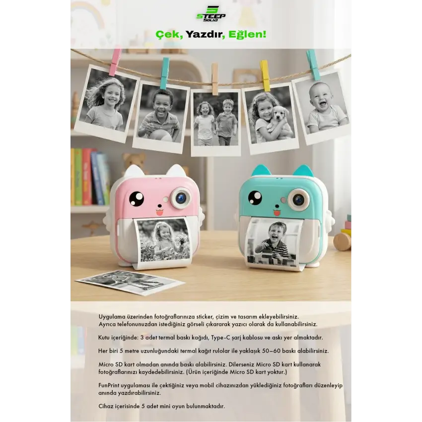 Steep Solid Q5 Anlık Termal Yazıcılı Dijital Çocuk Kamerası 2.4 İnç HD Şipşak Fotoğraf Makinesi (Pembe)