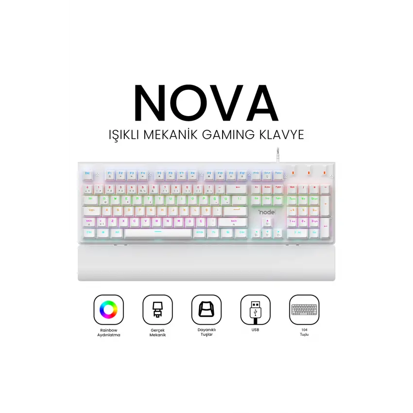 Nova MK104 Rainbow Bilek Destekli Türkçe FullAnti-Ghosting Mekanik Oyuncu Klavyesi Beyaz Blue Switch