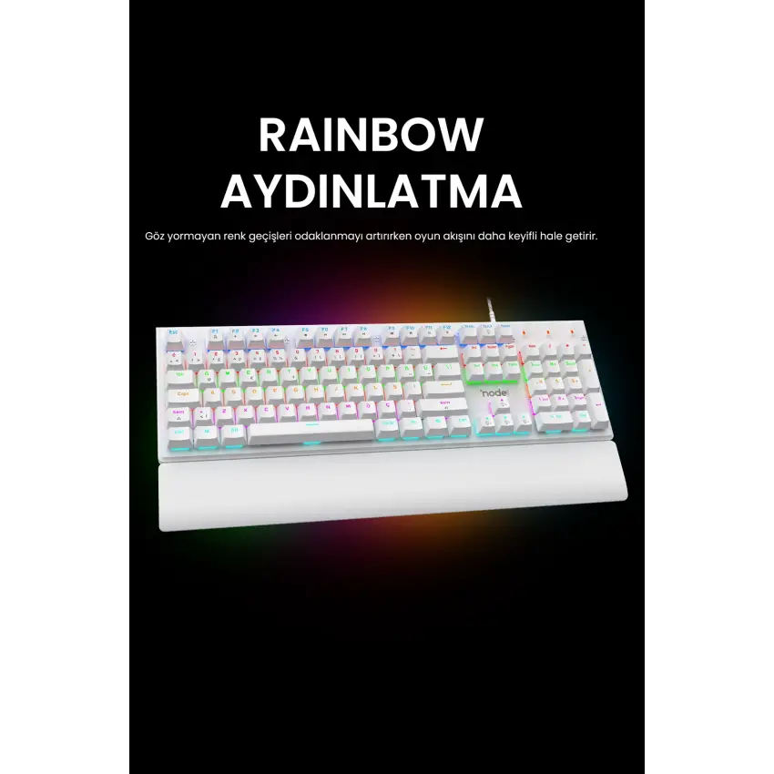 Nova MK104 Rainbow Bilek Destekli Türkçe FullAnti-Ghosting Mekanik Oyuncu Klavyesi Beyaz Blue Switch