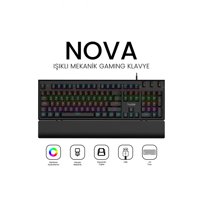 Nova MK104 Rainbow Bilek Destekli Türkçe FullAnti-Ghosting Mekanik Oyuncu Klavyesi Siyah Red Switch