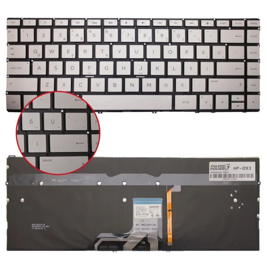 HP Envy x360 13-AR Serisi TPN-W141 Klavye Işıklı (Gümüş TR)