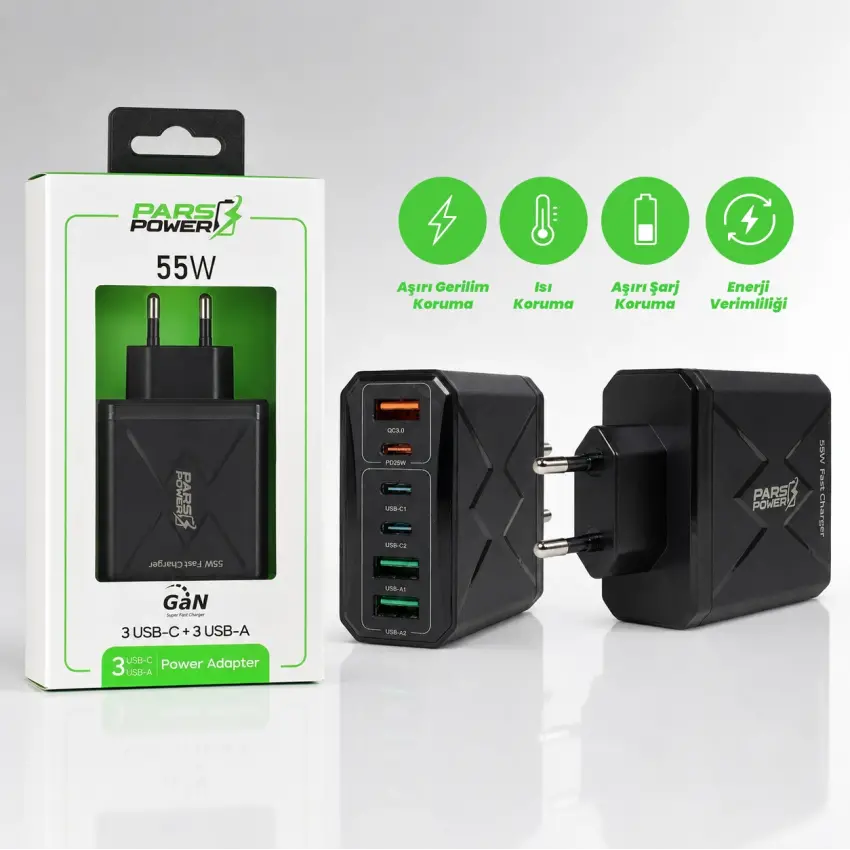 Pars Power 55W USB - TypeC Hızlı Pd - Gan Adaptör Şarj Aleti-Cihazı