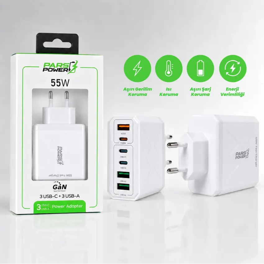 Pars Power 55W USB - TypeC Hızlı Pd - Gan Adaptör Şarj Aleti-Cihazı