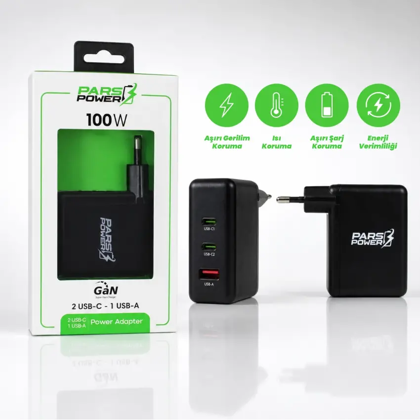 Pars Power 100W USB - TypeC Hızlı Pd - Gan Adaptör Şarj Aleti-Cihazı