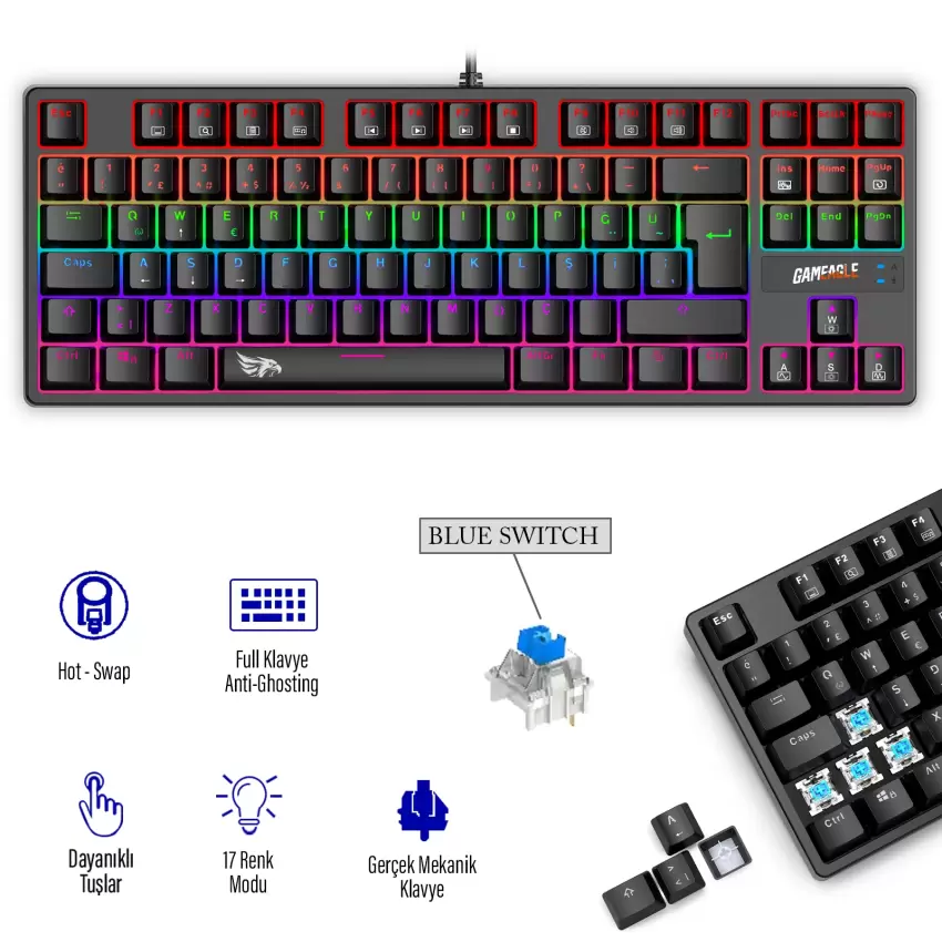 GAMEAGLE FULLFLEX MK-89X1B Rainbow Aydınlatmalı Oyuncu Gamer Gerçek Mekanik Işıklı Klavye Türkçe Q (Blue Switch)
