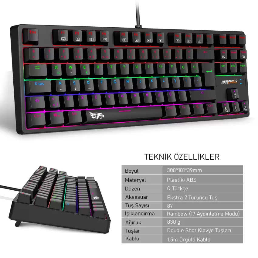 GAMEAGLE FULLFLEX MK-89X1B Rainbow Aydınlatmalı Oyuncu Gamer Gerçek Mekanik Işıklı Klavye Türkçe Q (Blue Switch)