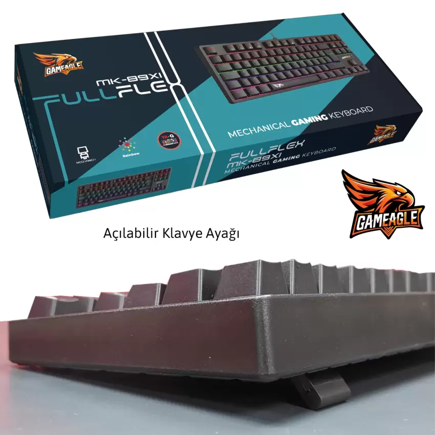 GAMEAGLE FULLFLEX MK-89X1B Rainbow Aydınlatmalı Oyuncu Gamer Gerçek Mekanik Işıklı Klavye Türkçe Q (Blue Switch)
