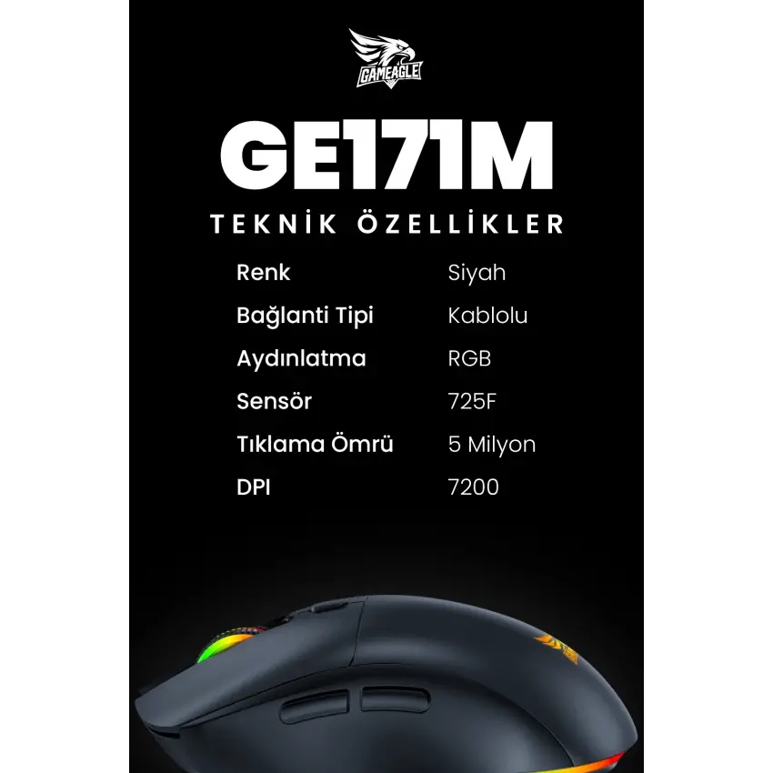 Gameagle GE171M RGB Makrolu 7200DPI Kablolu Oyuncu Mouse
