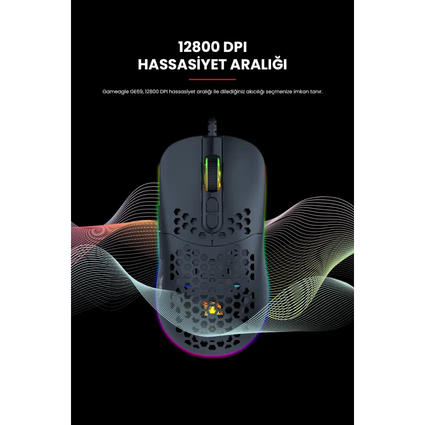 Gameagle GE69B RGB Makrolu 12800DPI Kablolu Oyuncu Mouse Siyah