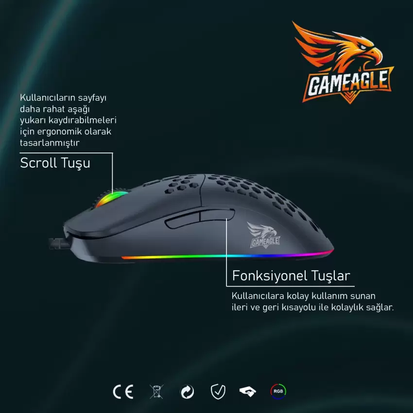 Gameagle GE69B Ultra Hafif Kablolu RGB Oyuncu Gaming Optik Mouse (Siyah)