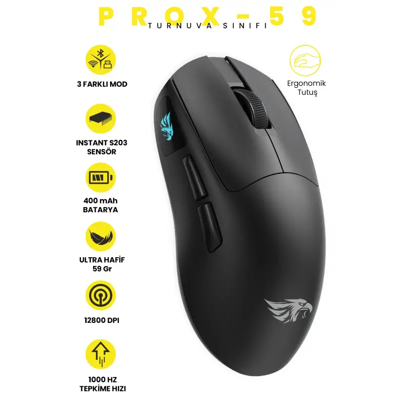 Gameagle PROX-59B Ultra Hafif Kablosuz 3 Mode Oyuncu Gaming Optik Mouse (Siyah)