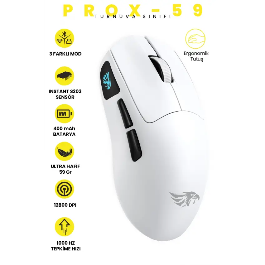 Gameagle PROX-59W Serisi Hafif Kablosuz 3 Mode Oyuncu Gaming Optik Mouse (Beyaz)