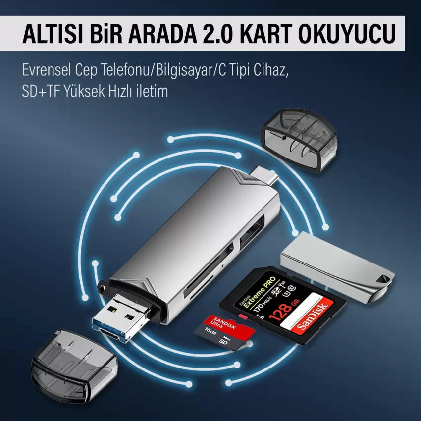 Type-C + Usb 2.0 Kart Okuyucu Hub - 1x SD, 1x MicroSD, 1x USB Hub D-398